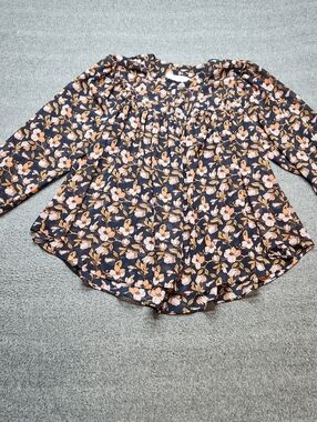 LOFT Floral Blouse Womens Small Navy Long Sleeve Flowy Top
